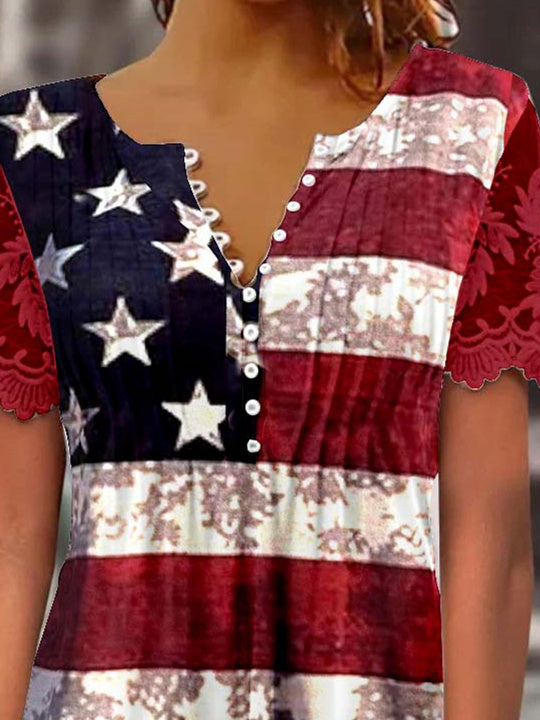 Women Short Sleeve V-neck National Flag Printed Printed Graphic Lace Button Tops