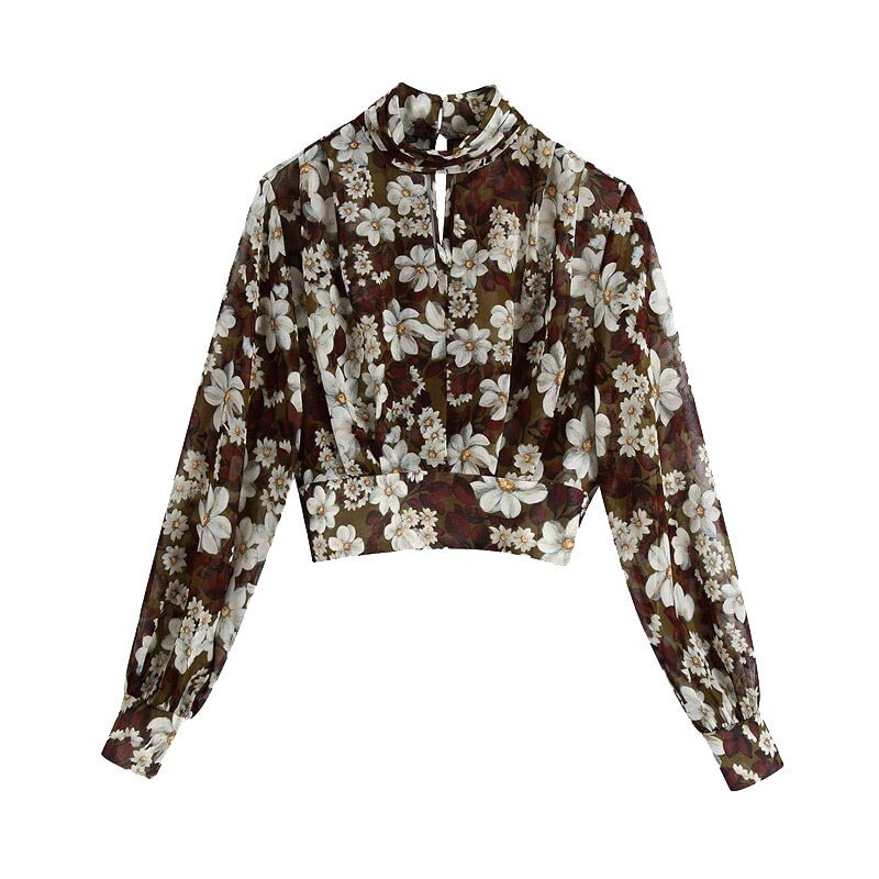 TRAF Women Fashion Floral Print Cropped Blouses Vintage High Neck Long Sleeve Back Elastic Hem Female Shirts Chic Tops