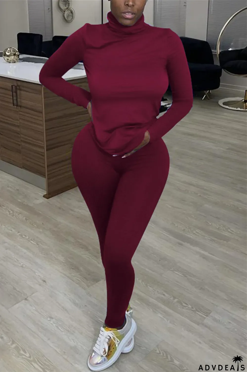 Blue Casual Solid Basic Turtleneck Long Sleeve Two Pieces