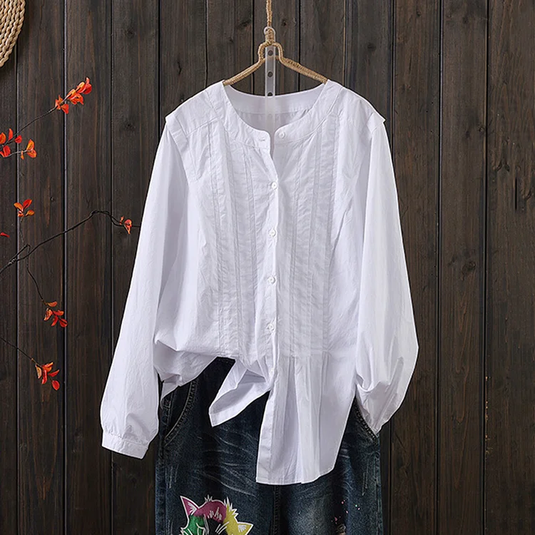 Round Necked Pleated Long Sleeved Shirt