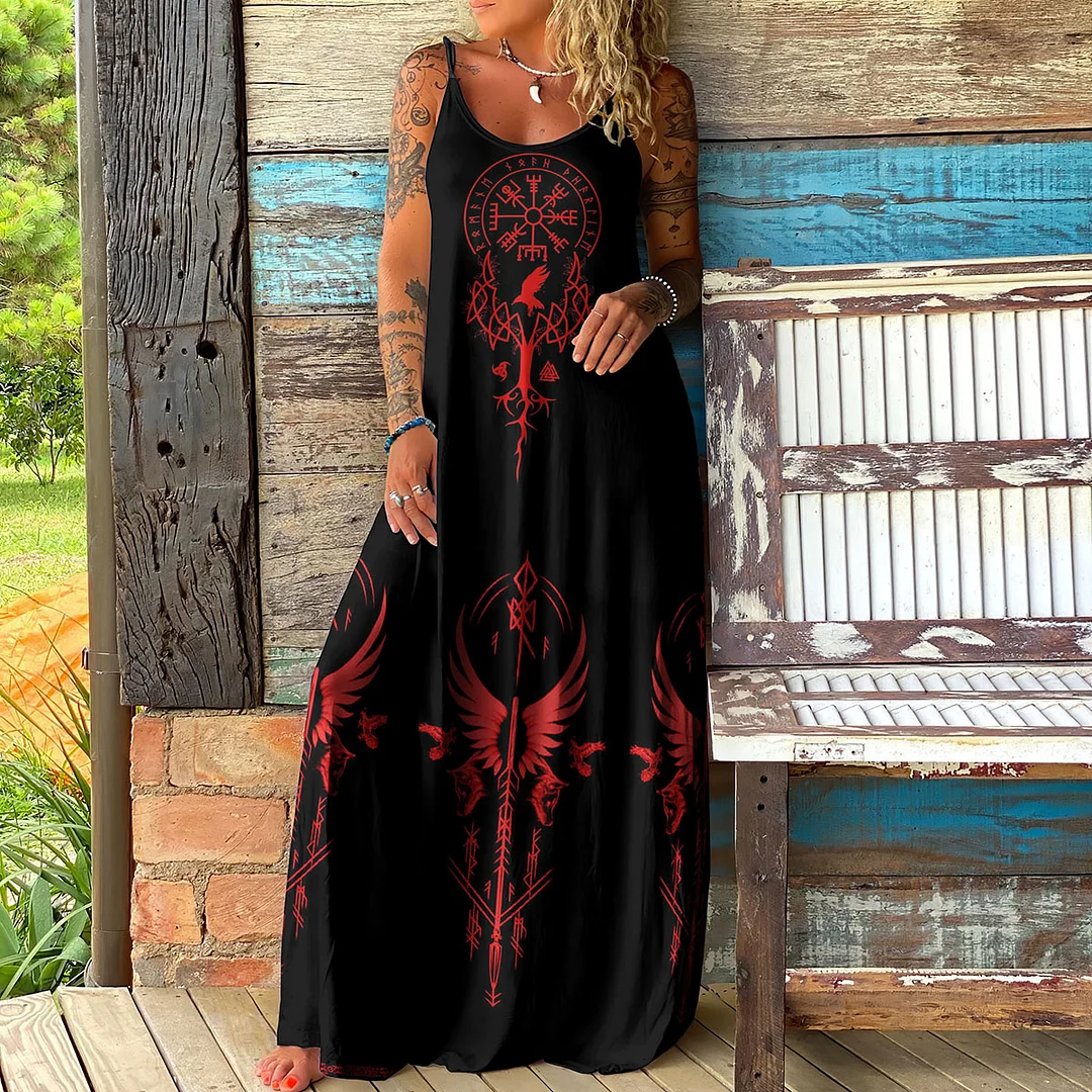 Viking Totem Print Contrasting Colors Suspender Maxi Dress