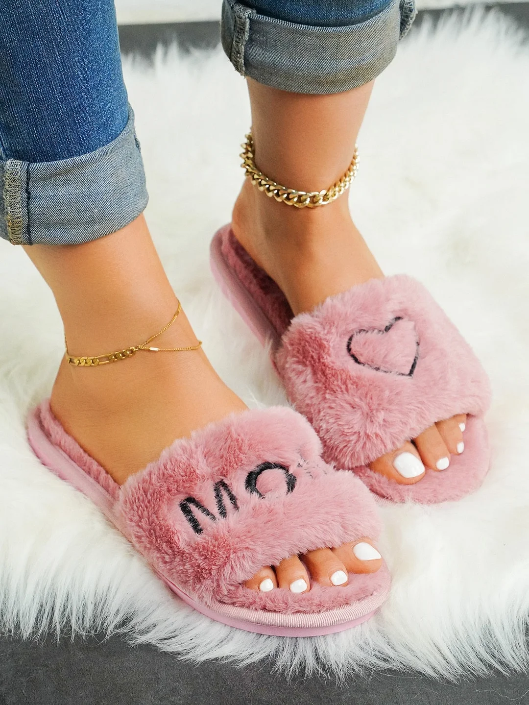 Warm Fluffy Slippers Women Faux Fur Slipper Female Indoor Floor Slides Flat Soft Furry House Shoes Letteer Flip Flops Ladies