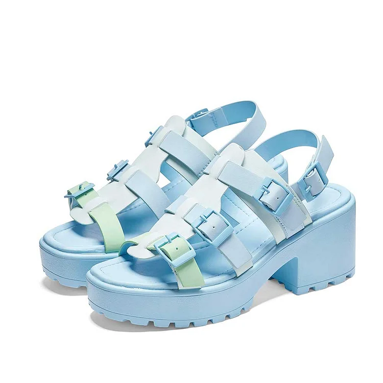 Light Blue Open Toe Buckled Strappy High Heel Sandals with Platform |FSJ Shoes