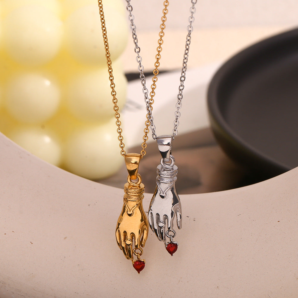 Ins Fashion Niche Design Retro Personality Pendant Stainless Steel Plated 18K Gold One-Handed Red Diamond Necklace Female