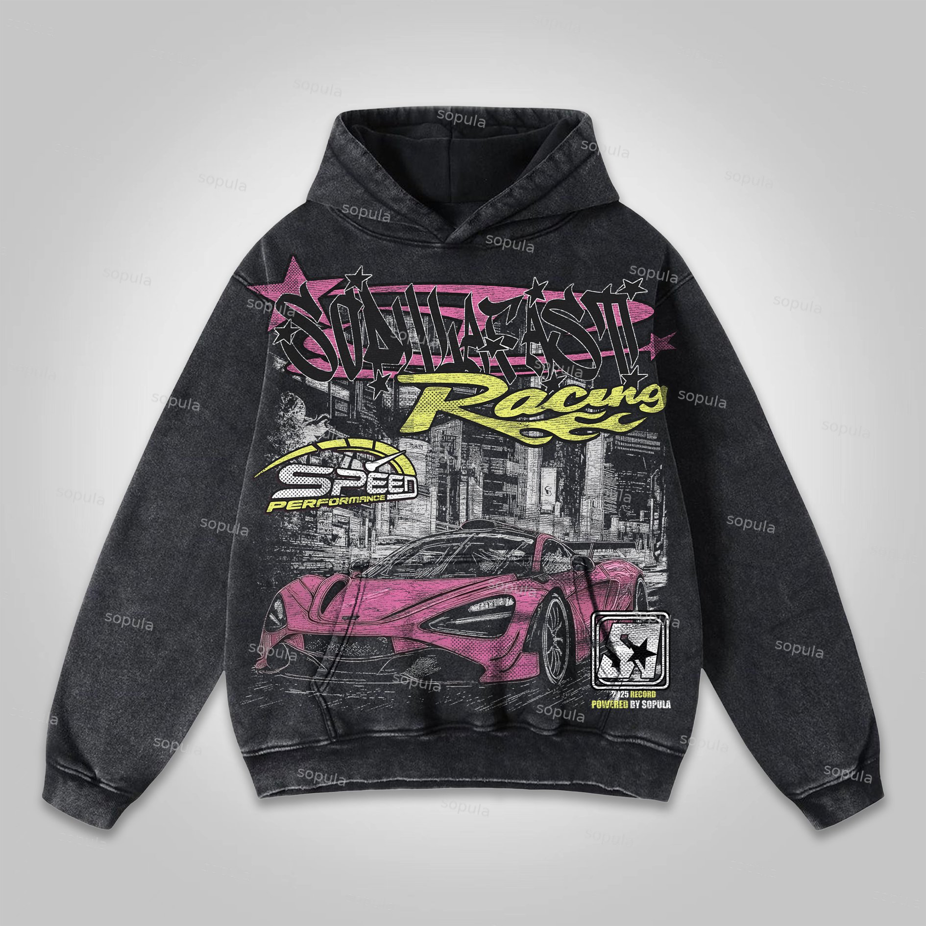 Sopula Y2k Fast Racing Make Vintage Graphic Washed Pocket Hoodie