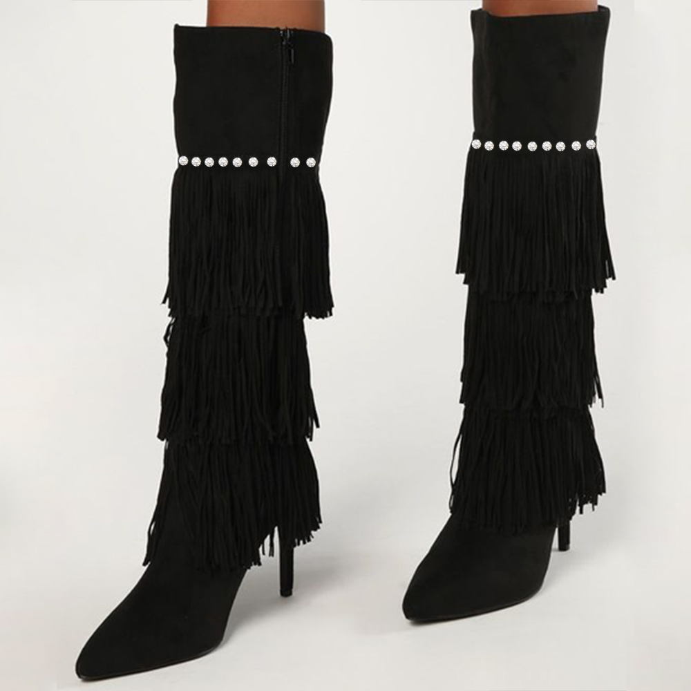 Black Vegan Suede Pointed Toe Fringe High Heel Boots with Rhinestone Nicepairs