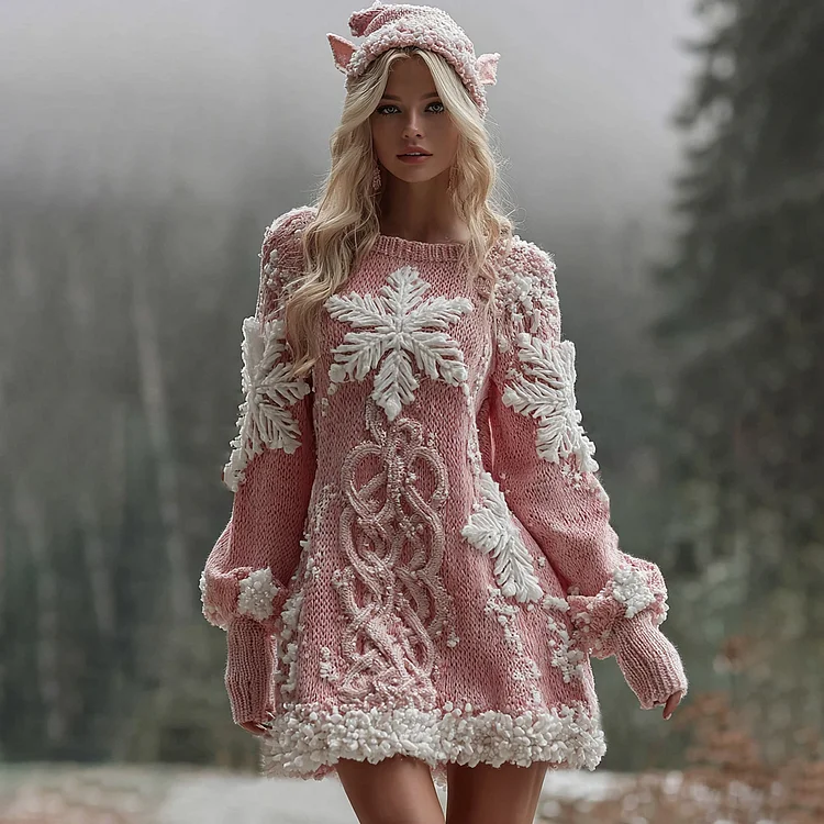 Women's Christmas Snowflake Embroidered Celtic Knot Midi Sweater Dress