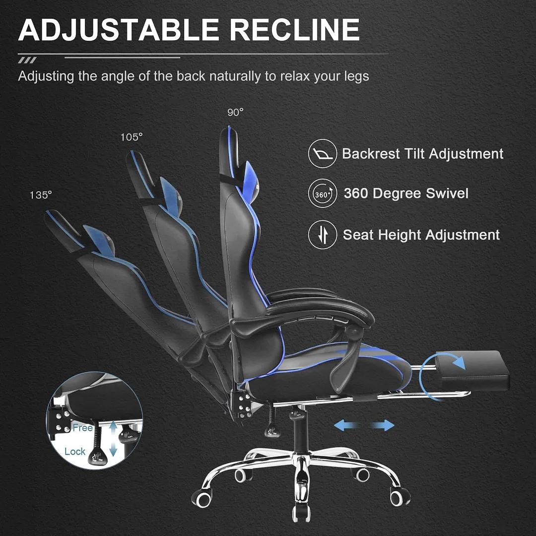 Gaming chair with 360&deg; swivel seat, height-adjustable footrest and lumbar support