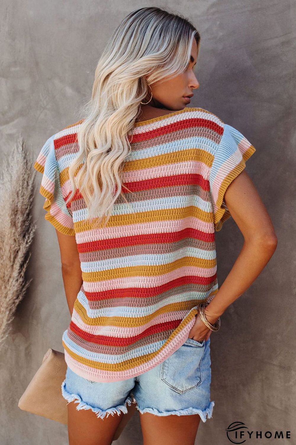 Multi-color Striped Ruffle Short Sleeve Knit Top | IFYHOME