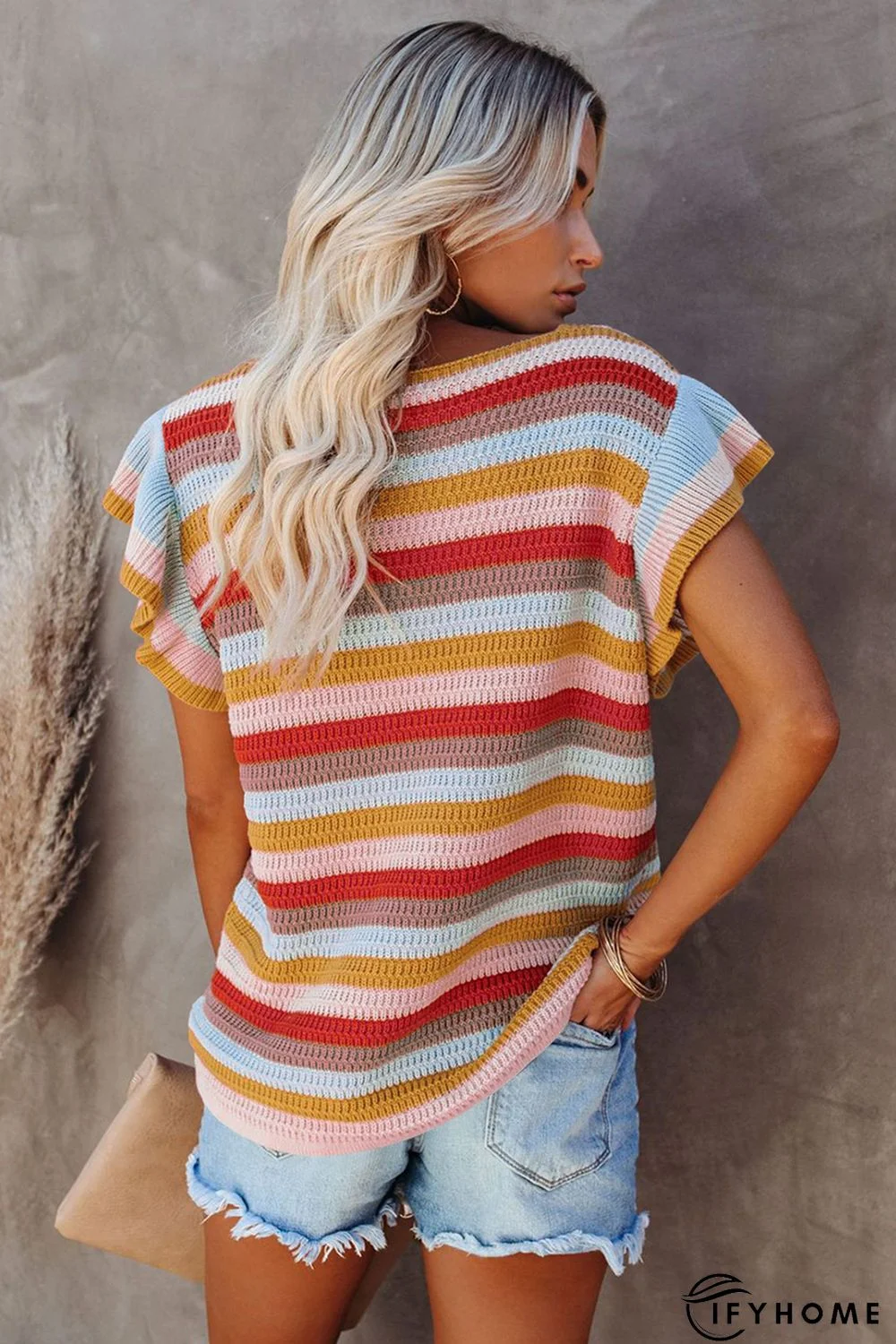 Multi-color Striped Ruffle Short Sleeve Knit Top | IFYHOME
