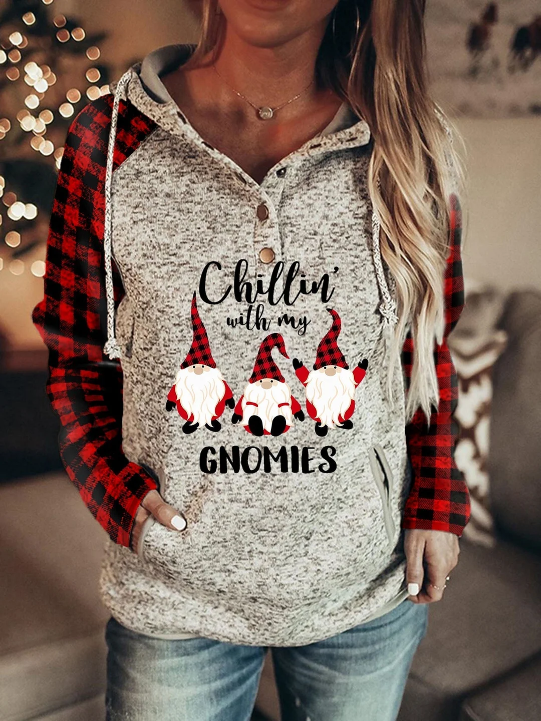 Chillin with My Gnomies Christmas Plaid Print Sweatshirt