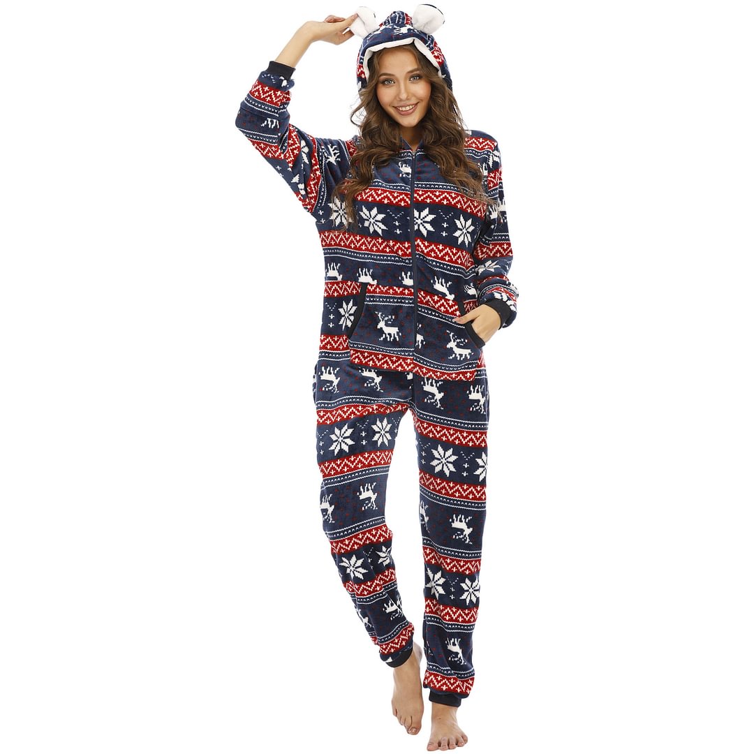 Women's Deer Snowflake Hooded Jumpsuit Pajamas Home Wear Hoodies