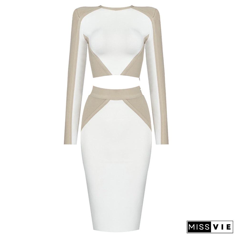 New Women'S Sexy Hit Color Long-Sleeved Stitching Side Zipper Bodycon Bandage Two-Piece Set Celebrity Party Club Suit