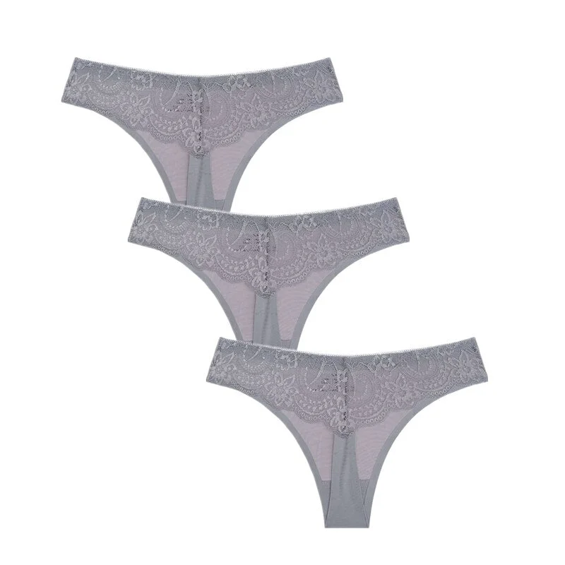 3Pcs/Lot Sexy Women G-string Thongs Lace Floral Sheer Low Waist Underwear Soft Lingerie Ice Silk Briefs Seamless Panties Soft