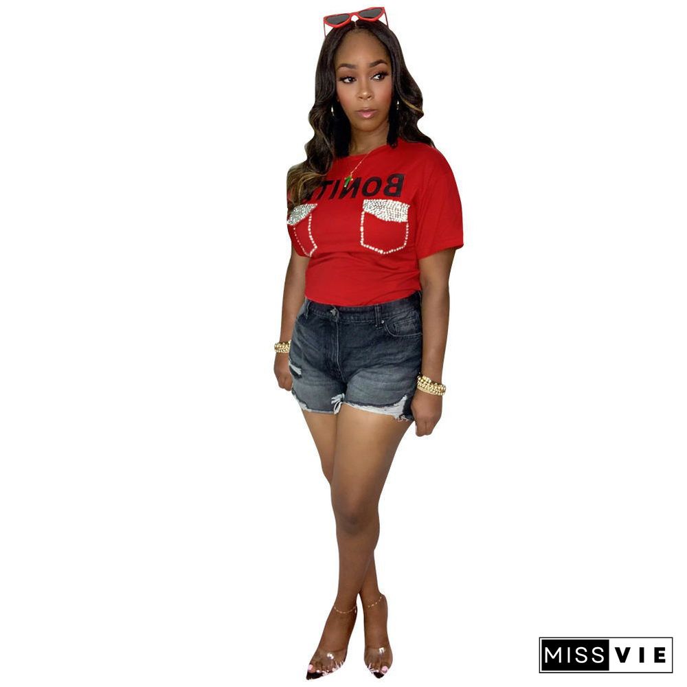 Hot Drilling Short Sleeve O Neck Casual T Shirt