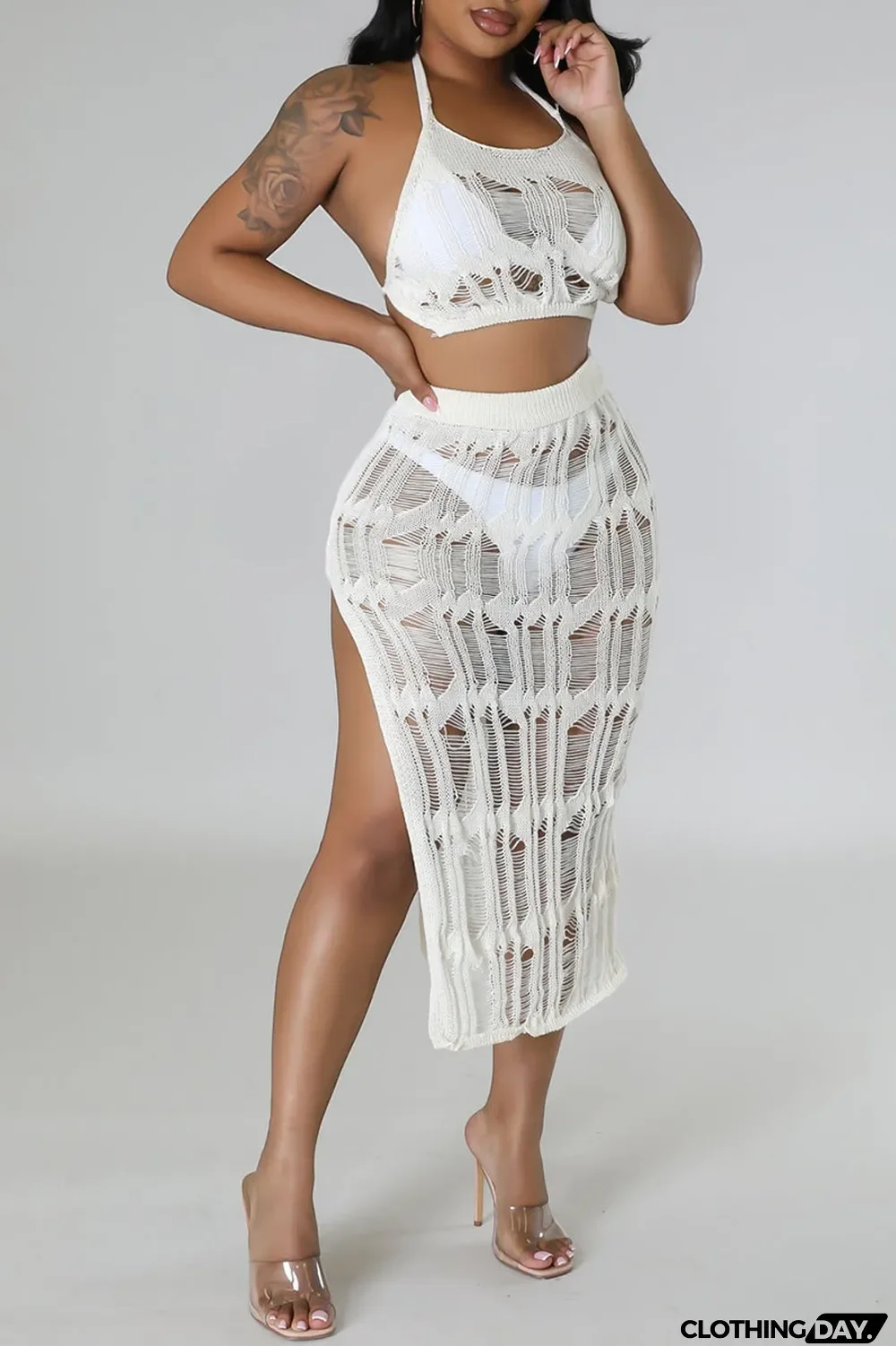 Khaki Sexy Solid Hollowed Out Patchwork Backless Slit Halter Sleeveless Two Pieces