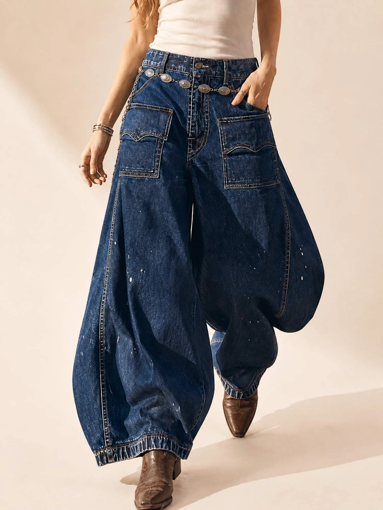 Casual Loose Graffiti Multi-Pocket Jeans