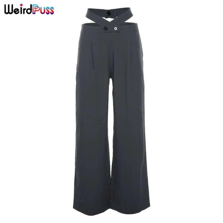 Weird Puss Y2K Wide Pants Women Cut Belt Fall Trend Hip Hop Button Trousers Baggy Wild Streetwear Bottom Casual Sporty Joggers