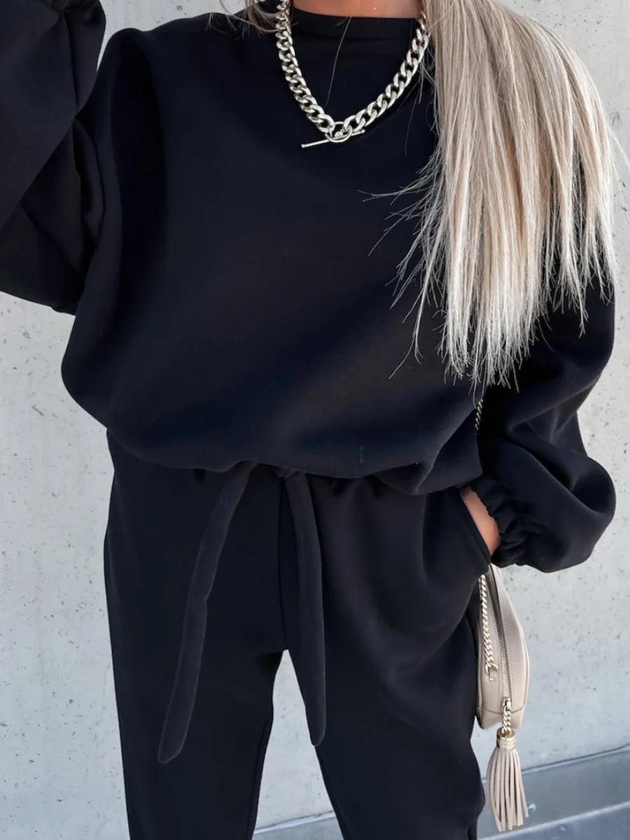 Plain O-Neck Casual Long-Sleeved Sweatshirt Two-Piece Suit