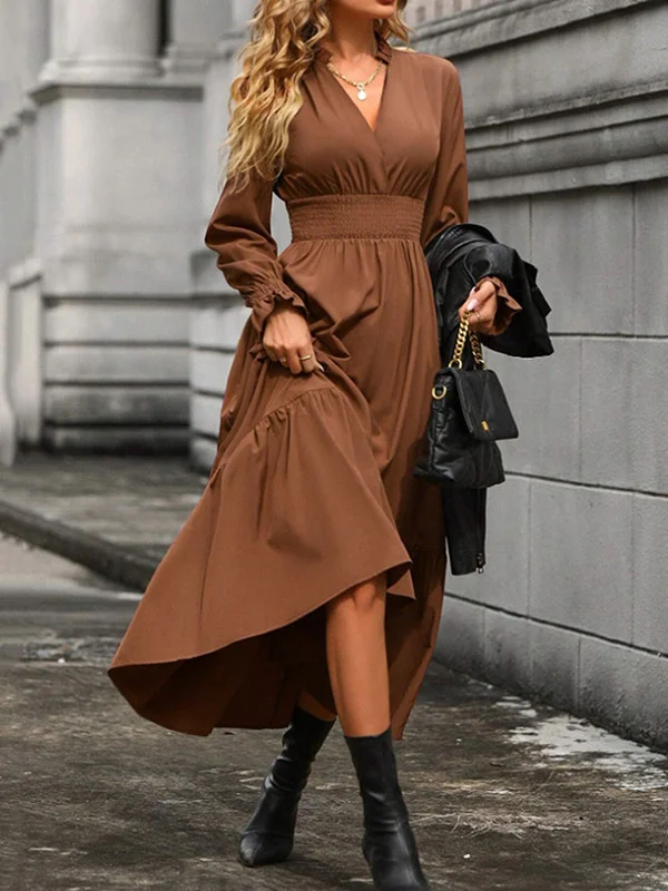 Solid Color Pleated Elasticity Loose Long Sleeves V-Neck Midi Dresses