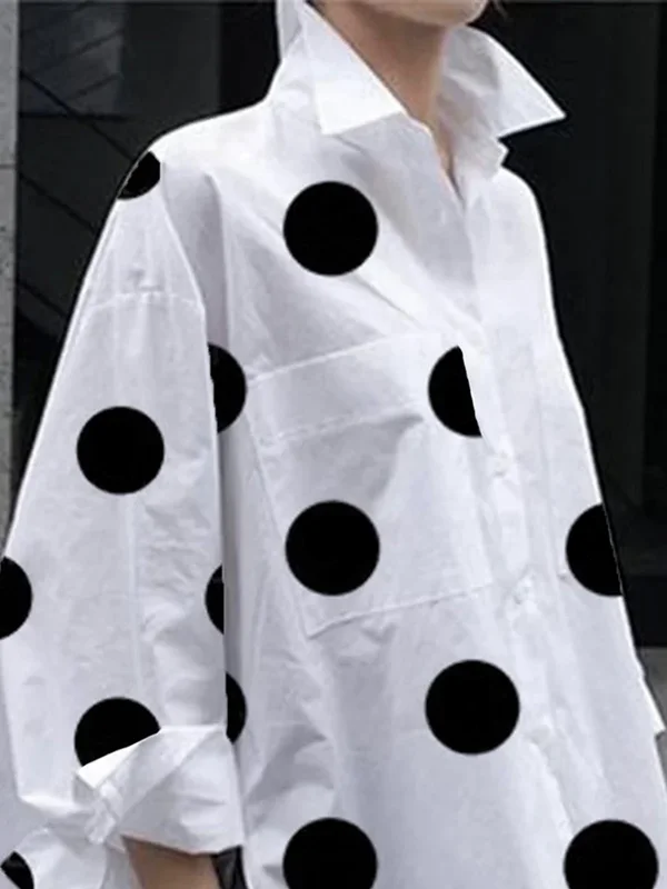 Buttoned High-Low Polka-Dot Split-Side Lapel Long Sleeves Blouse