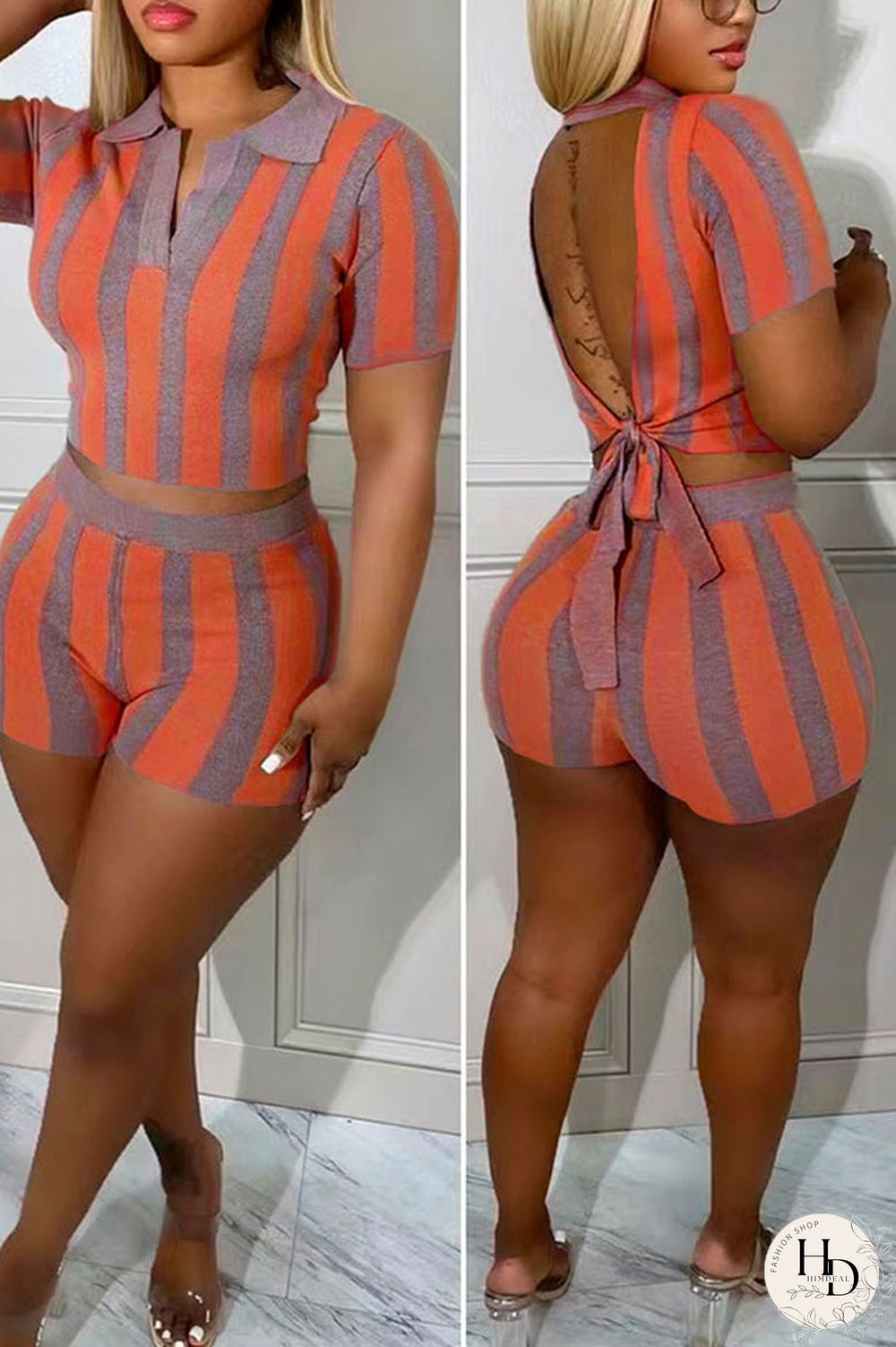 Brownness Sexy Striped Print Bandage Patchwork Backless Turndown Collar Short Sleeve Two Pieces