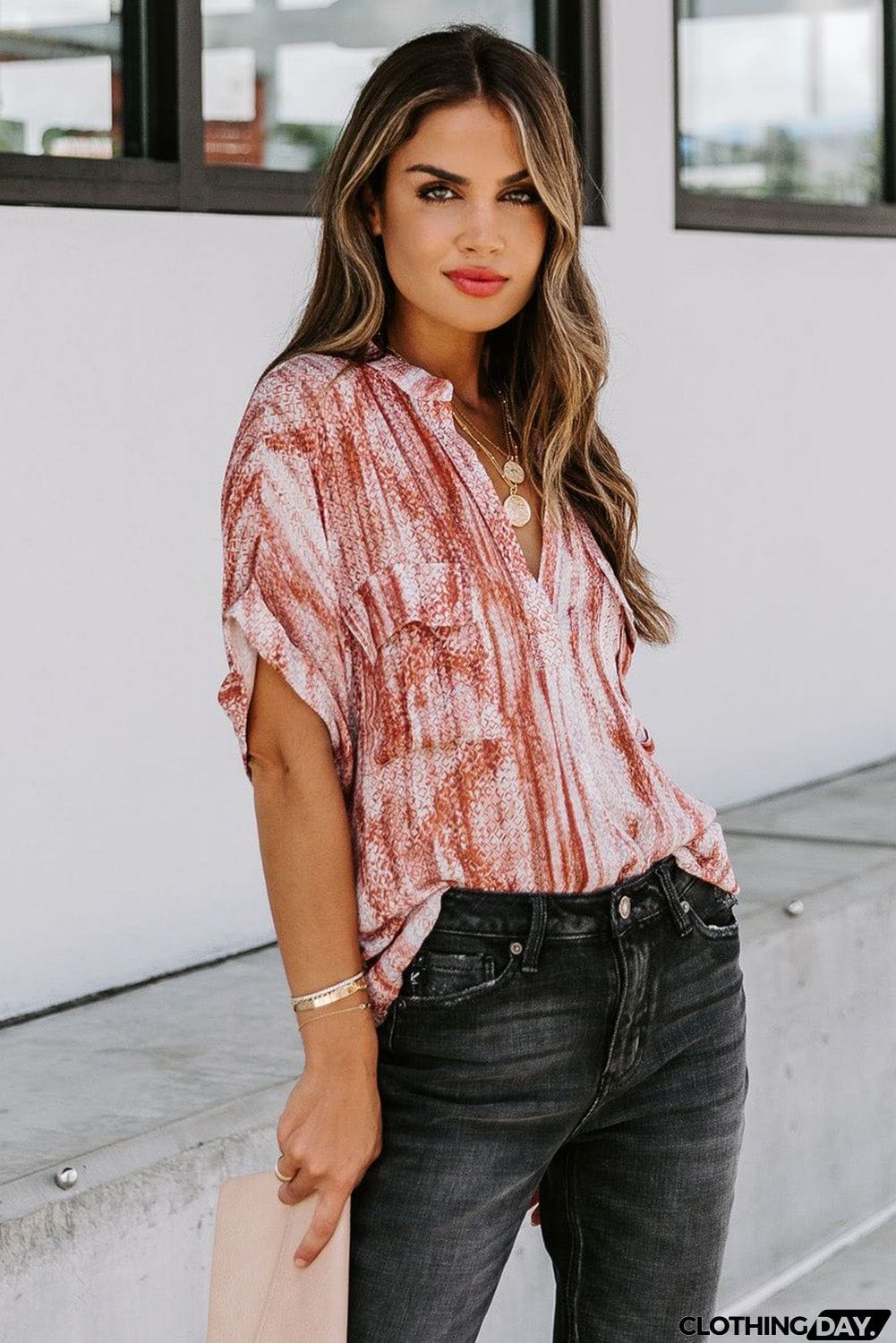 Printed Pocket Short Sleeve Blouse