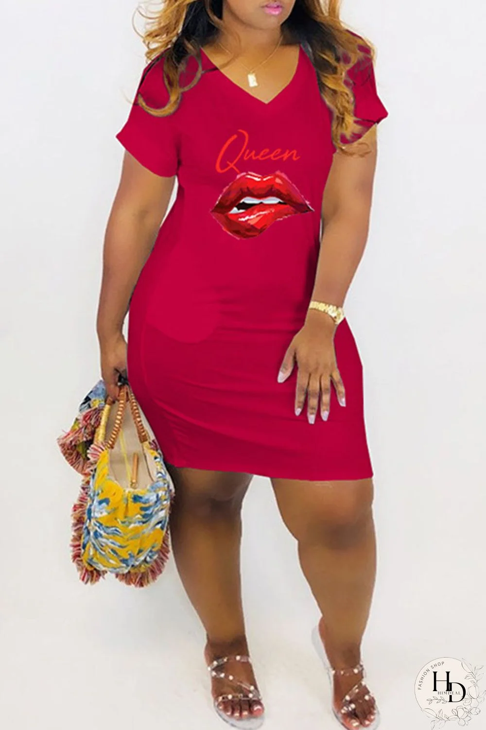 Red Casual Print Split Joint O Neck Straight Dresses