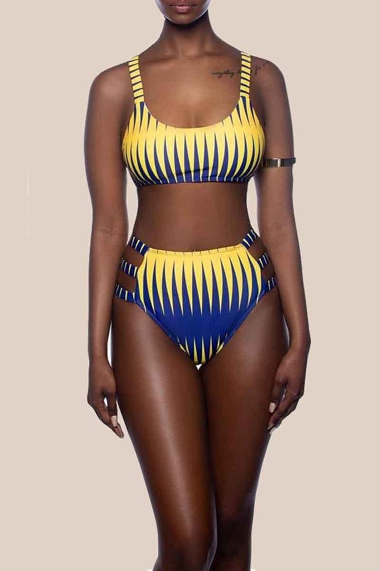 Printed Yellow Two-Piece Swimwear - Life is Beautiful for You - SheChoic