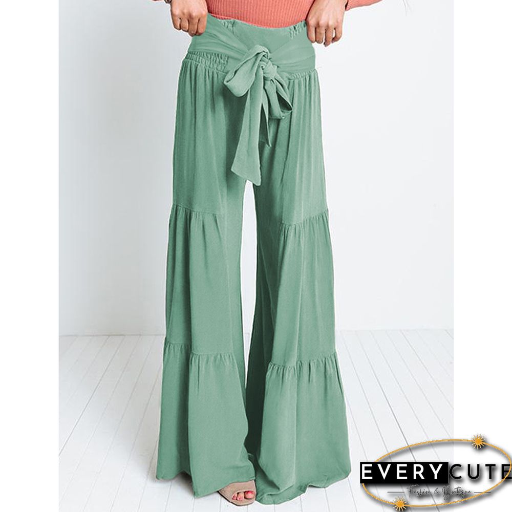 Green Smocked High Waist Palazzo Pants with Tie