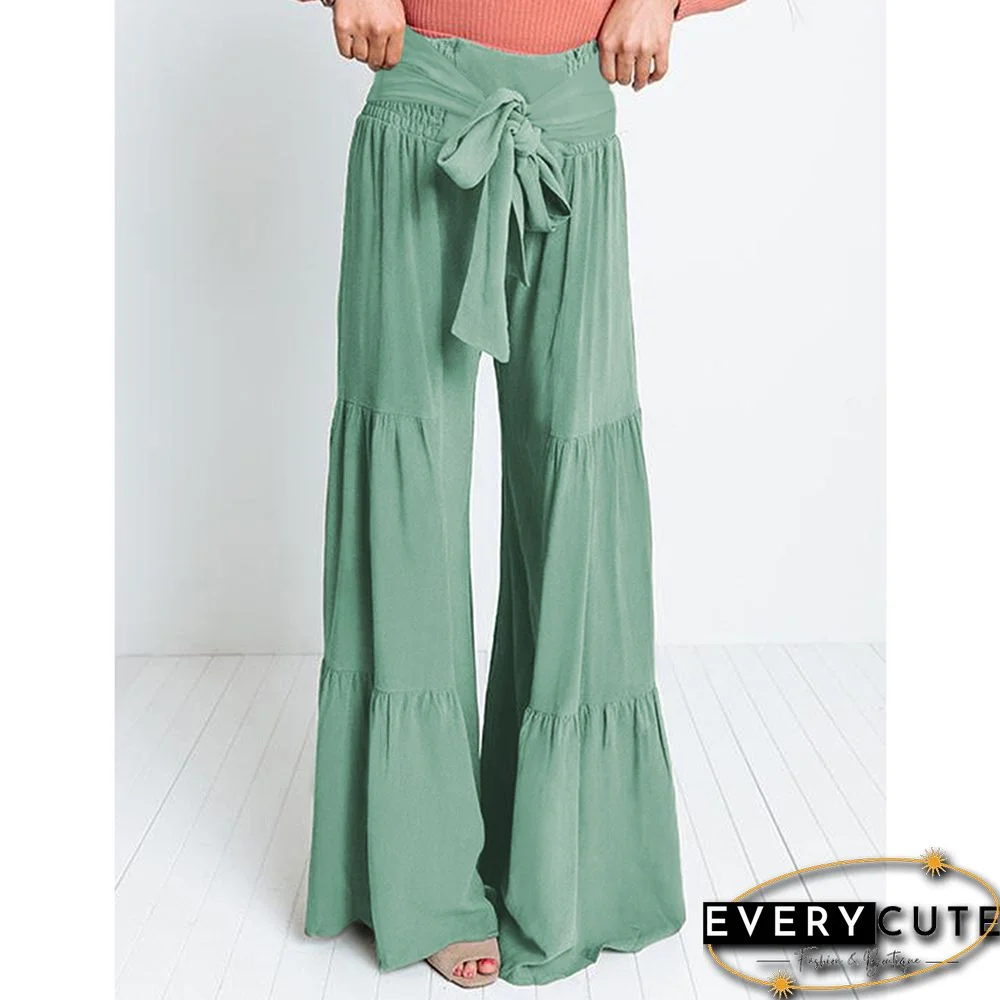 Green Smocked High Waist Palazzo Pants with Tie