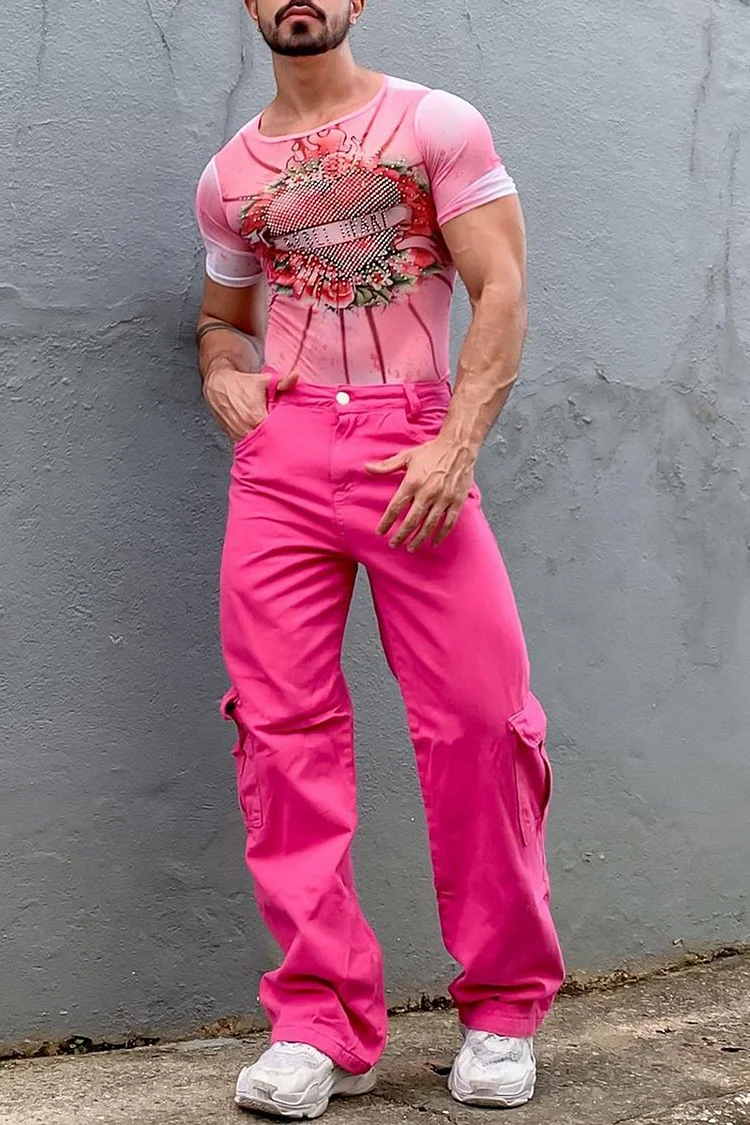 Casual Loose Fit Hot Pink Pants With Pockets