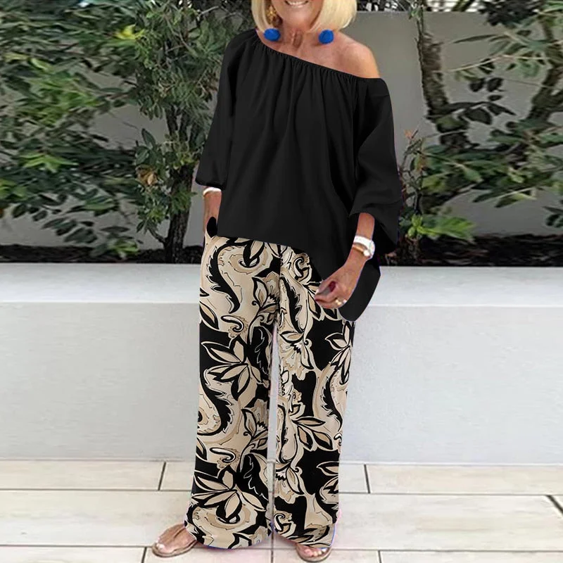 2022 Celmia Pants Sets Fashion One Shoulder 3/4 Sleeve Tops Floral Print Wide Leg Trouser Women Two Piece Sets Casual Loose Suit