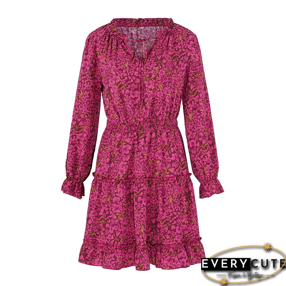 Rosy Elastic Waist Lace-up Floral Dress