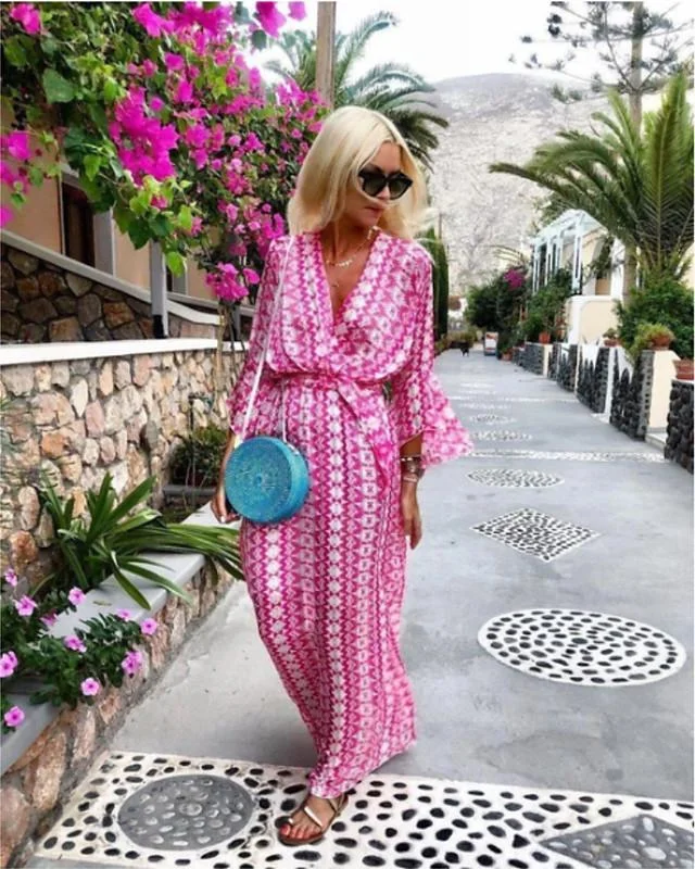 Women's Swing Dress Maxi long Dress 3/4 Length Sleeve Geometric Print Spring Summer Boho Flare Cuff Sleeve Blushing Pink Green S M L XL XXL 3XL