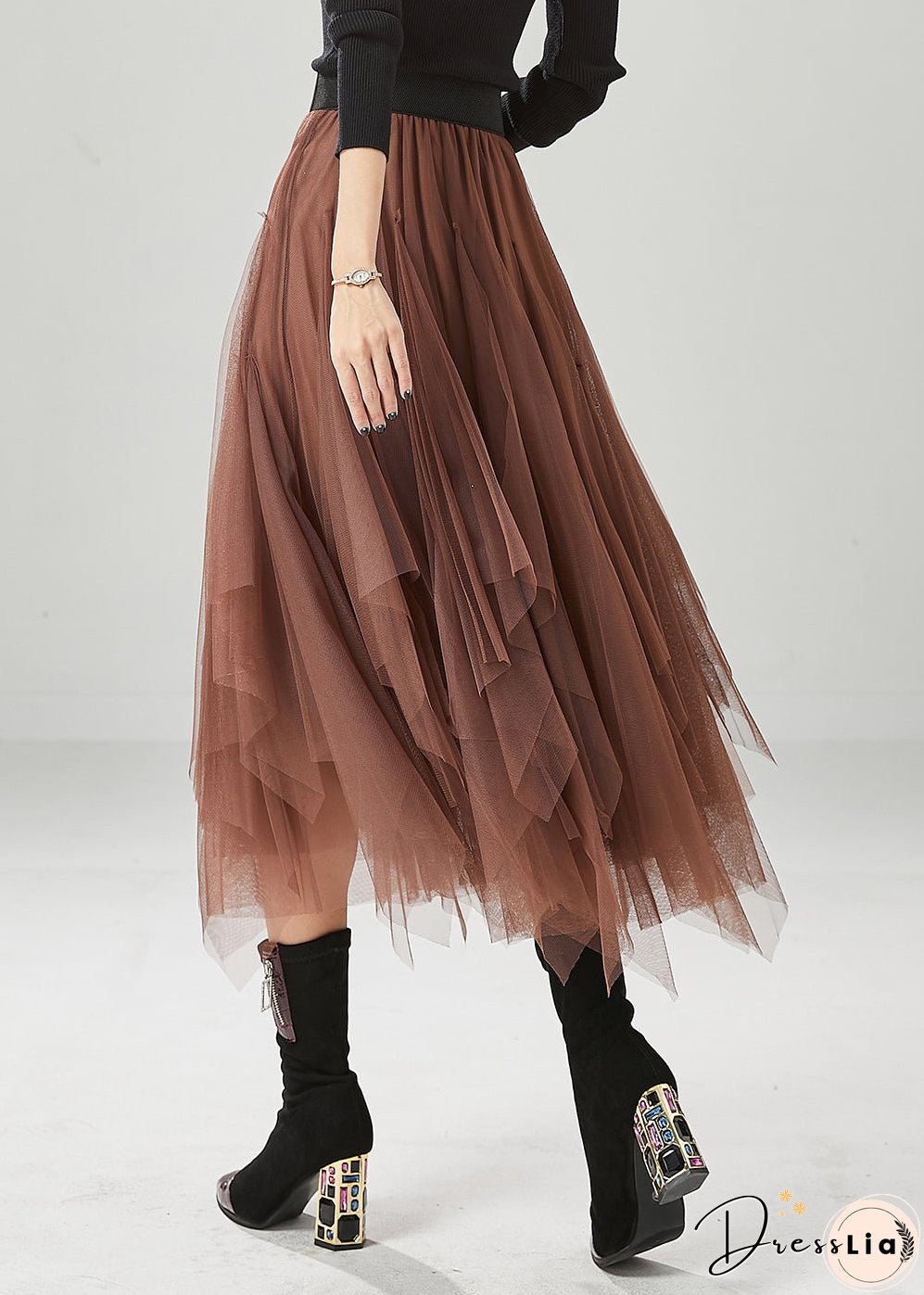 Stylish Khaki Asymmetrical Exra Large Hem Tulle Skirt Fall