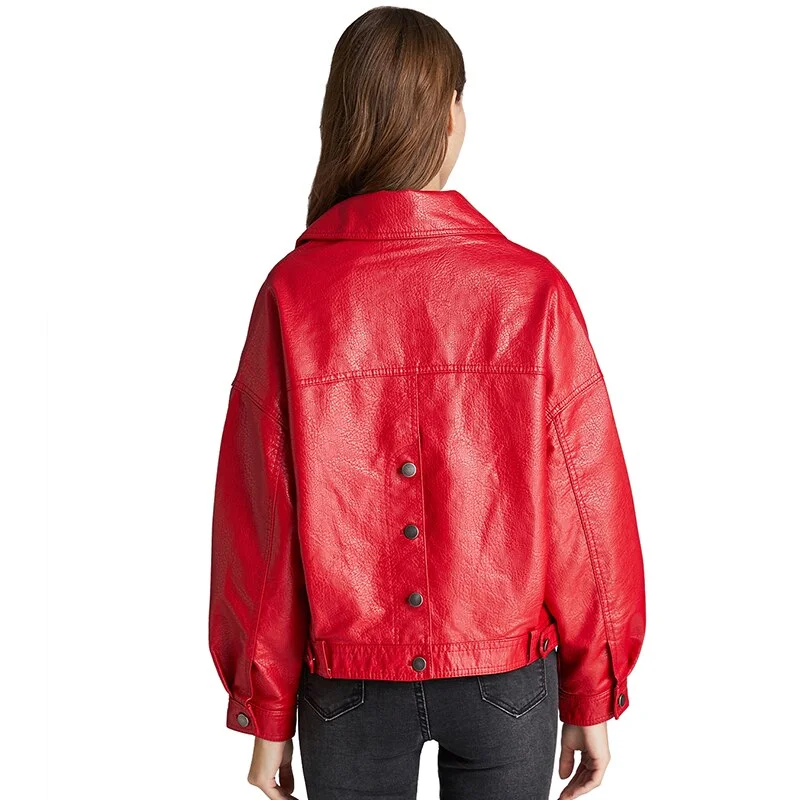 FTLZZ New Women Faux Leather Jacket Batwing Sleeve Coat Retro Short Zipper Motor PU Red Jacket Autumn Street Leather Coat