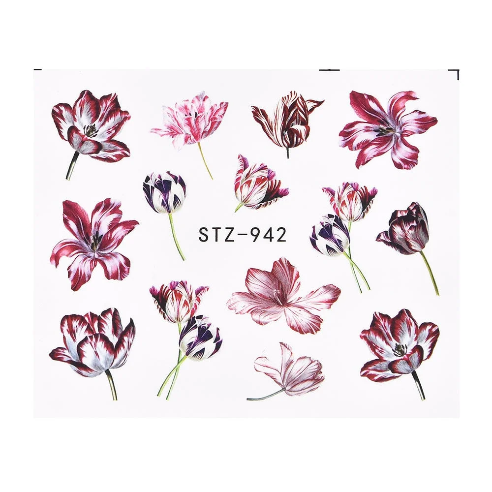 Coloful Flower Leaf 3D Stickers on Nails Decoration Tattoo Water Decals Nail Sticker UV Gel Slider Manicure Wraps-Nail Inspo