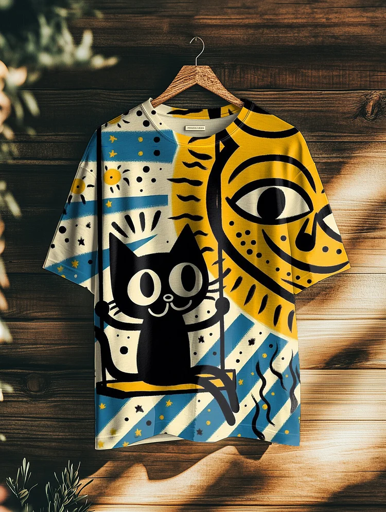 Men's Cartoon Sun Black Cat Print Casual T-Shirt