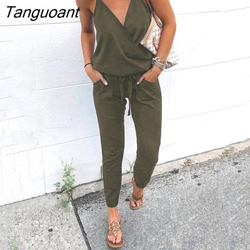 Tanguoant Summer Women Holiday Casual Sleeveless Jumpsuits Fashion Ladies Solid Color Bodysuit Wide Leg Loose Long Pants Trousers