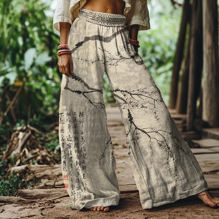 Vintage Art Print Loose Wide Leg Pants