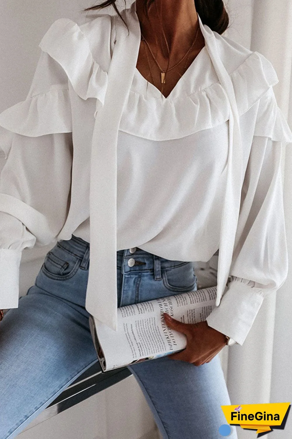 Fashion Street Solid Patchwork Frenulum Turndown Collar Tops
