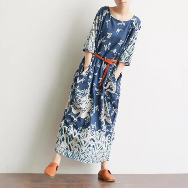 Vivid prints cotton summer dresses design blue o neck Dress