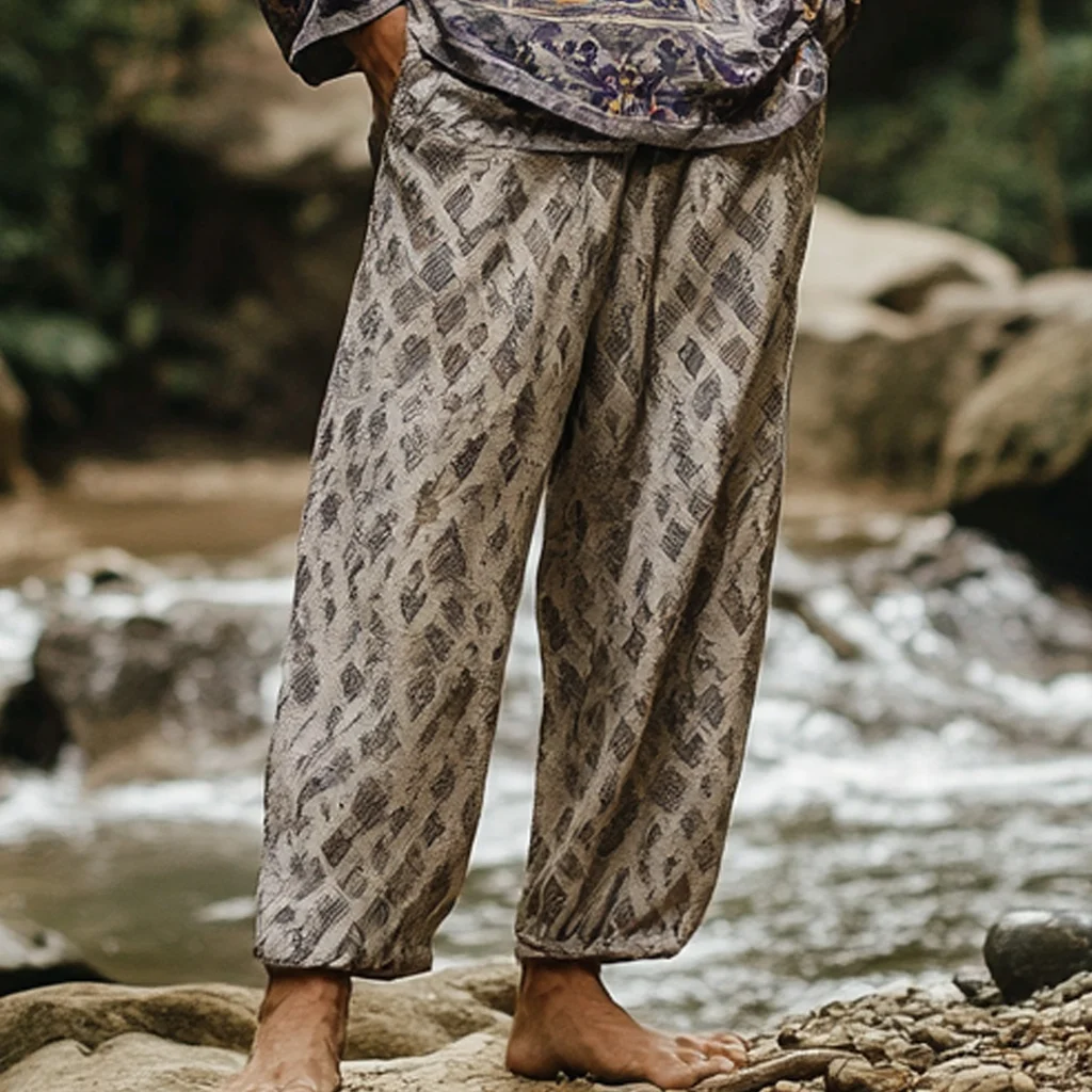 Men's Bohemian Holiday Style Vintage Ethnic Totem Print Cotton And Linen Casual Pants-inspireuse