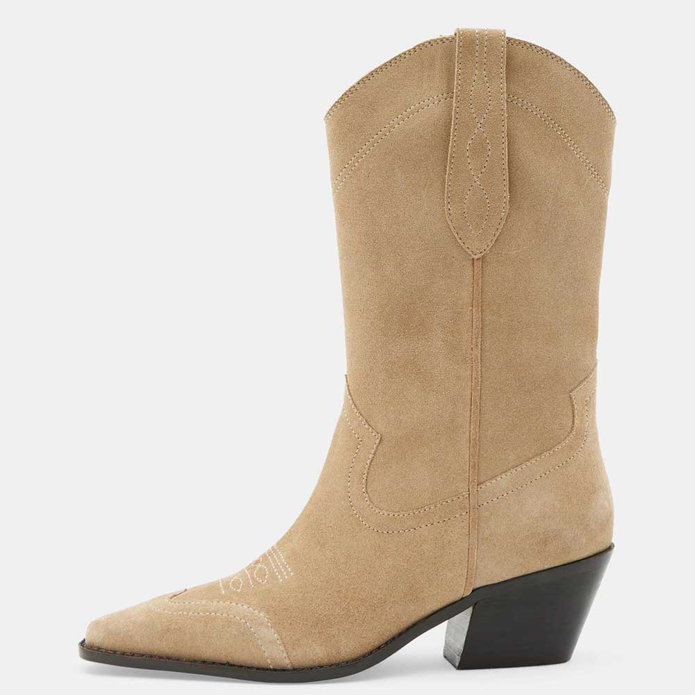 Khaki Vegan Suede Snip Toe Embroidered Heeled Mid-Calf Cowgirl Boots Nicepairs