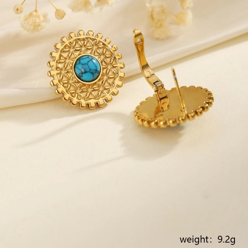 1 Pair Classical French Style Artistic Round Inlay 304 Stainless Steel Turquoise Ear Studs
