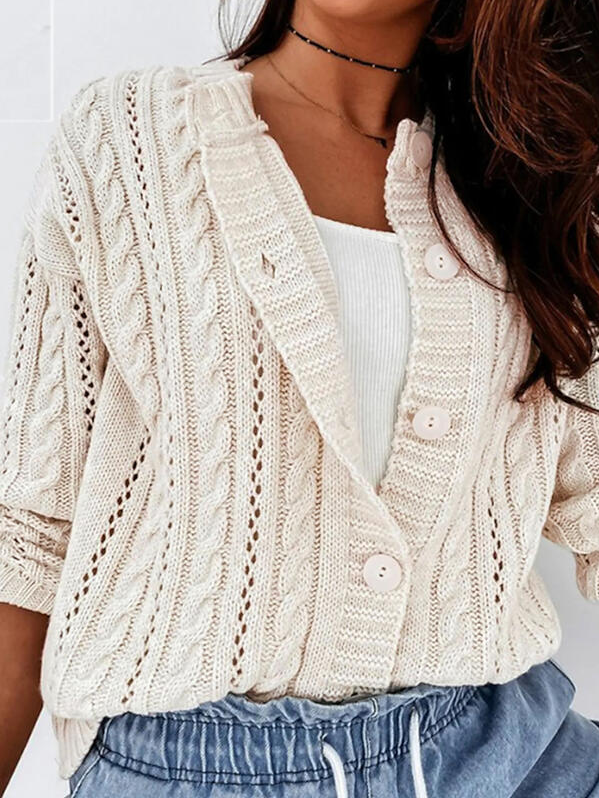 Solid Cable-knit Round Neck Casual Cardigan S93- Fabulory