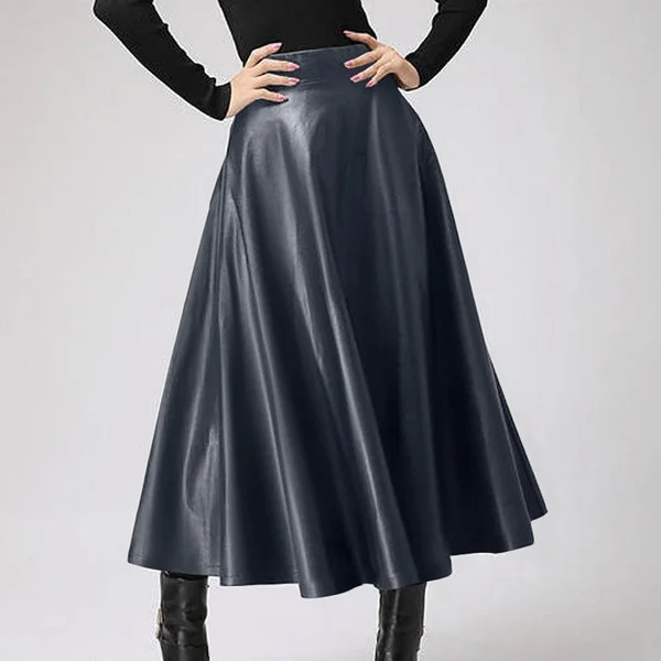 S- Women Faux Leather Vintage Maxi Long Skirts High Waist Pleated Big Swing Skirt Dress