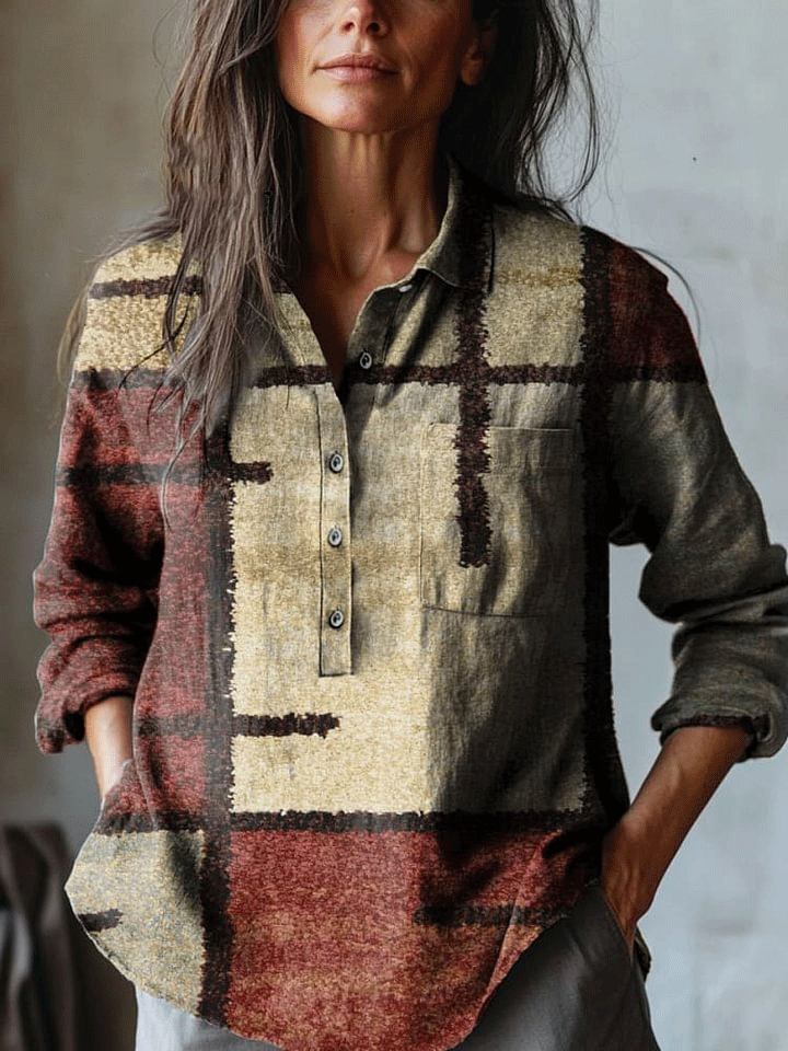 Women's Retro Abstract Color Blocks Print Casual Cotton And Linen Shirt