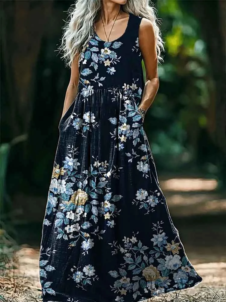 Women's Floral Art Print Round Neck Sleeveless Cotton Pocket Dresses